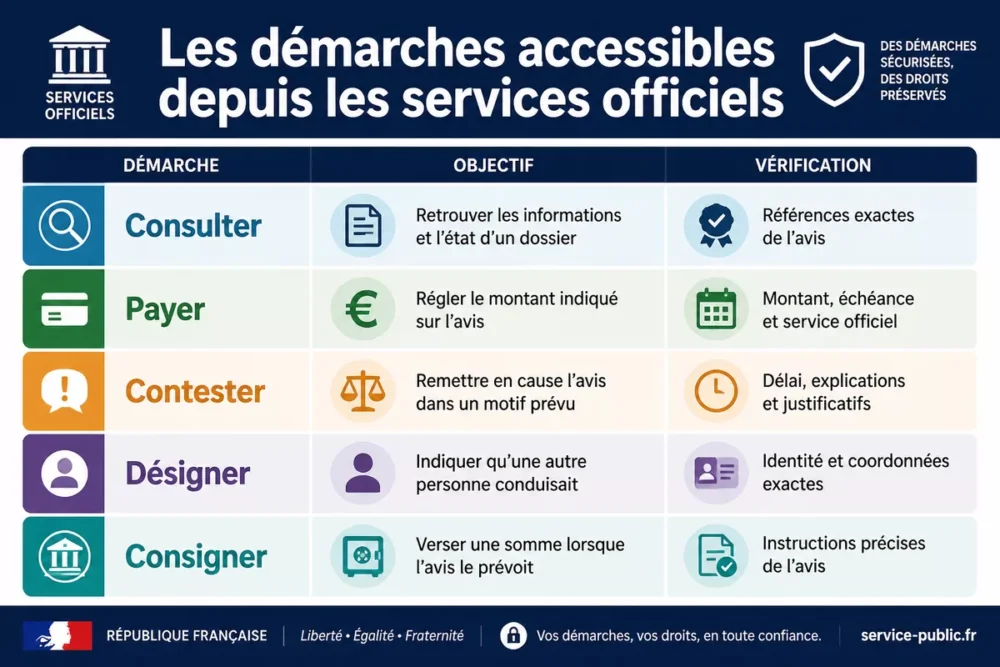 Infographie des démarches officielles possibles avec un avis de contravention ANTAI.