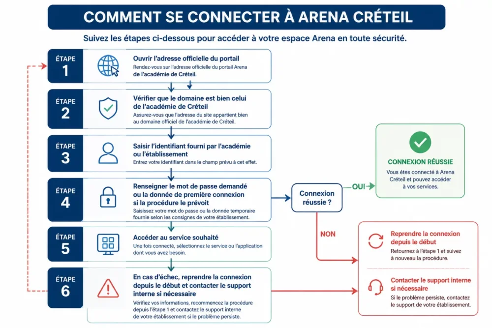Schéma de connexion à Arena Créteil avec étapes de vérification du lien et des identifiants