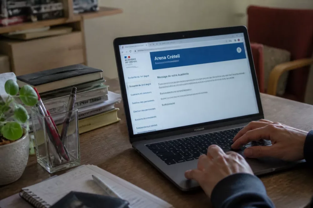 Bureau avec ordinateur portable affichant le portail Arena Créteil
