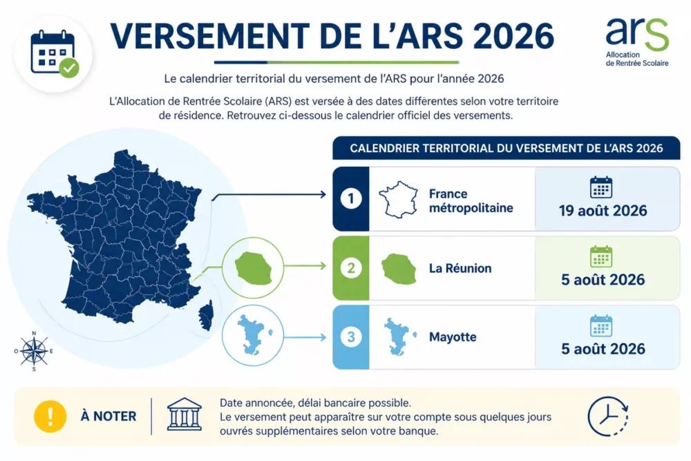 Infographie en français sur le calendrier de versement de l’ARS selon le territoire