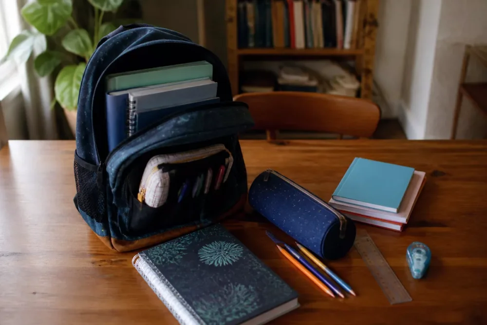 Photo réaliste d’un sac et de fournitures scolaires préparés pour la rentrée liés à l’ARS 2026