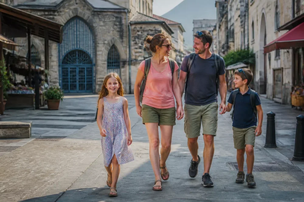 Famille découvrant le centre historique de Bagnères-de-Bigorre près des Halles
