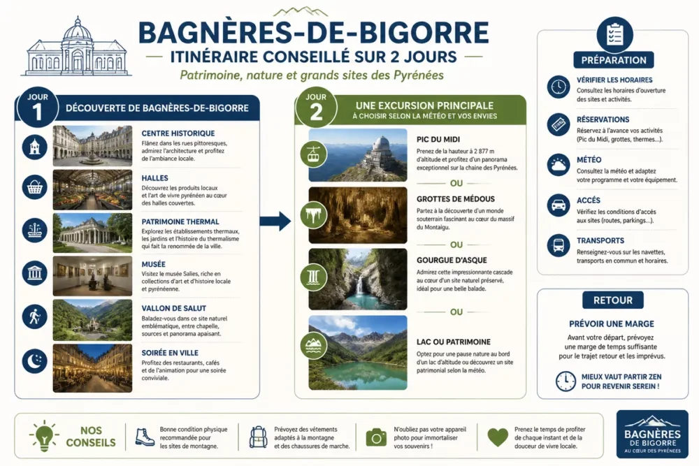 Schéma en français de l’itinéraire sur deux jours à Bagnères-de-Bigorre