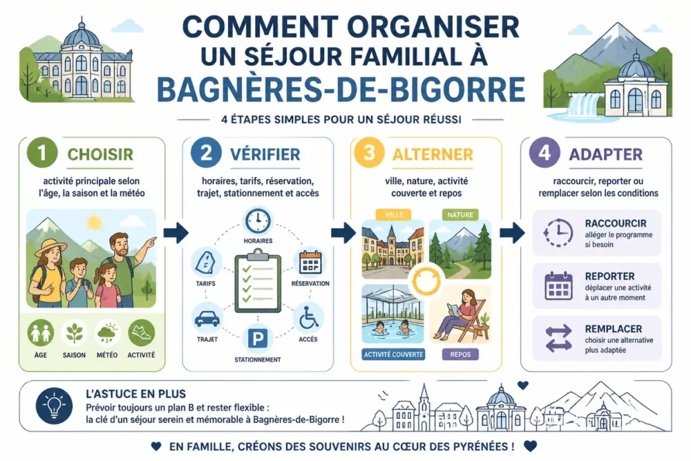 Schéma des étapes pour organiser un séjour familial à Bagnères-de-Bigorre