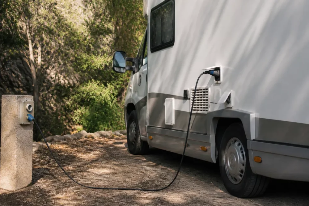 Photo réaliste du branchement électrique sécurisé d’un camping-car au camping