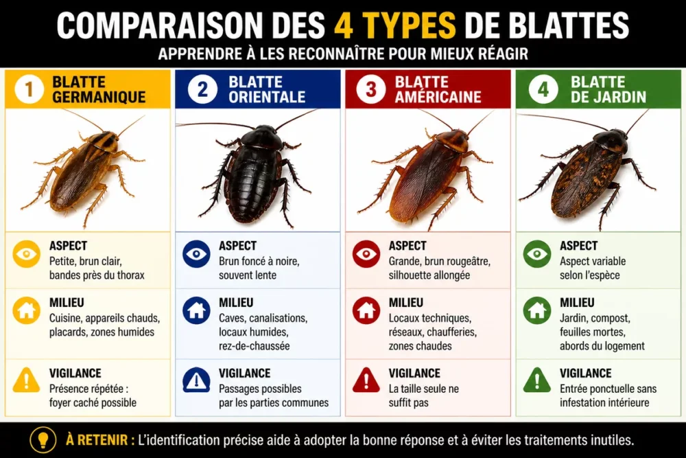 Infographie des principaux types de blattes présents autour ou dans la maison