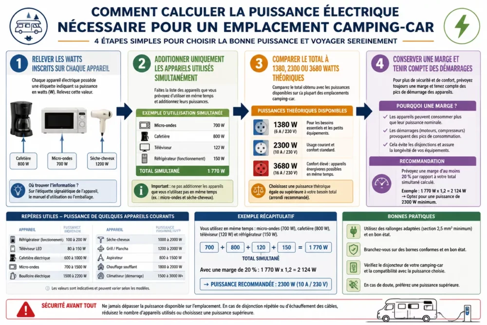 Schéma en français montrant les étapes pour calculer la puissance électrique nécessaire d’un camping-car