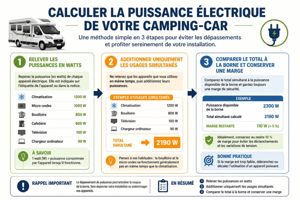 Schéma des étapes pour calculer la puissance électrique nécessaire dans un camping-car