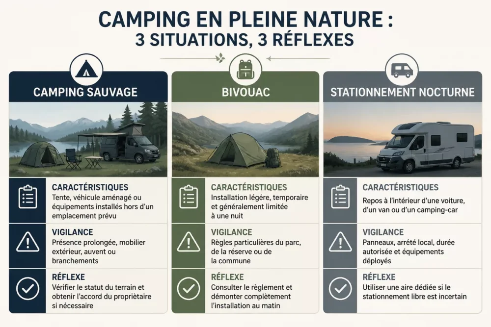Comparaison entre camping sauvage, bivouac et stationnement nocturne en France.