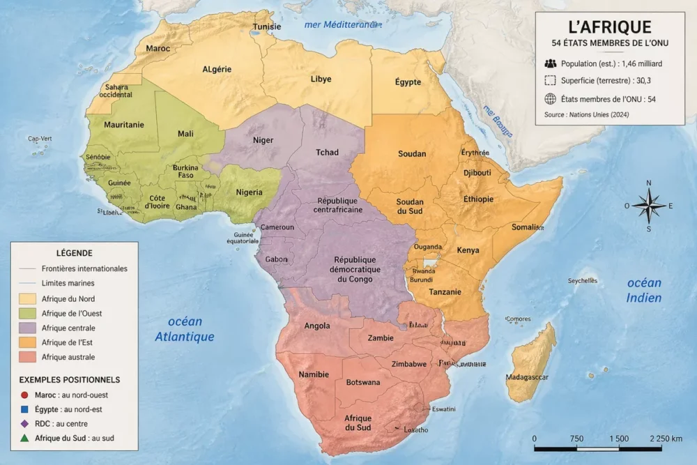 Carte de l’Afrique présentant les cinq grandes régions et les principaux repères géographiques