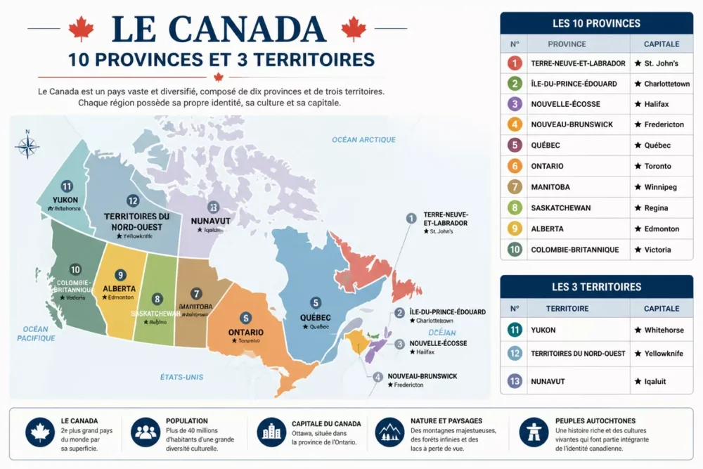 Carte administrative du Canada présentant les provinces, territoires et capitales