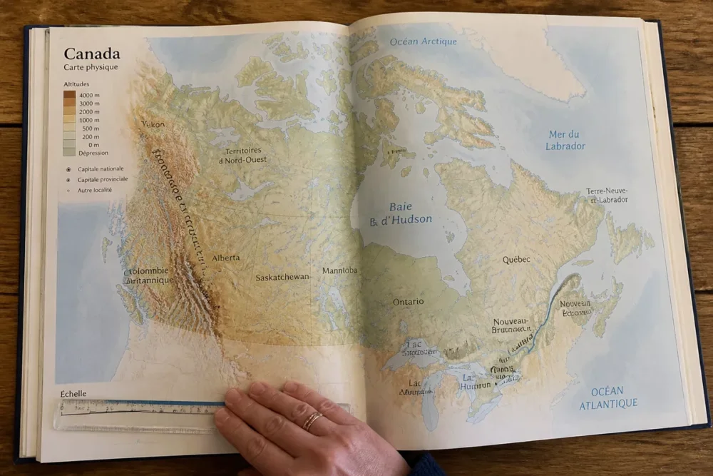Atlas ouvert montrant les principaux repères géographiques du Canada