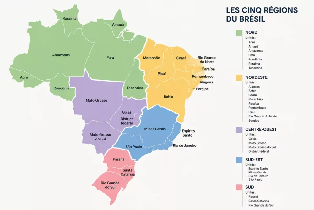 Carte du Brésil présentant les cinq régions officielles et leurs États.