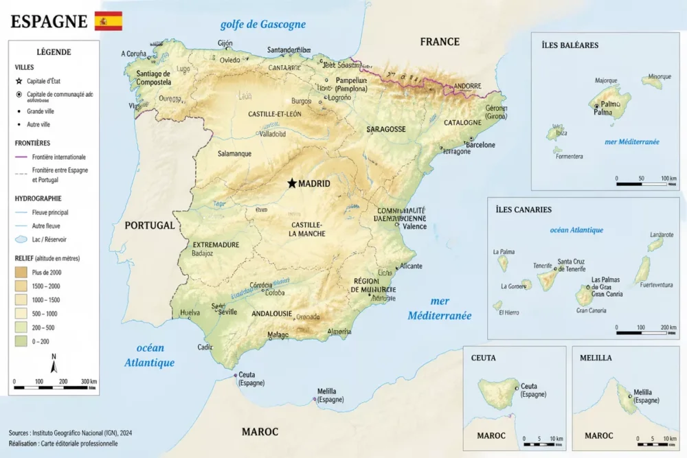 Carte générale de l’Espagne avec péninsule, îles, frontières et façades maritimes