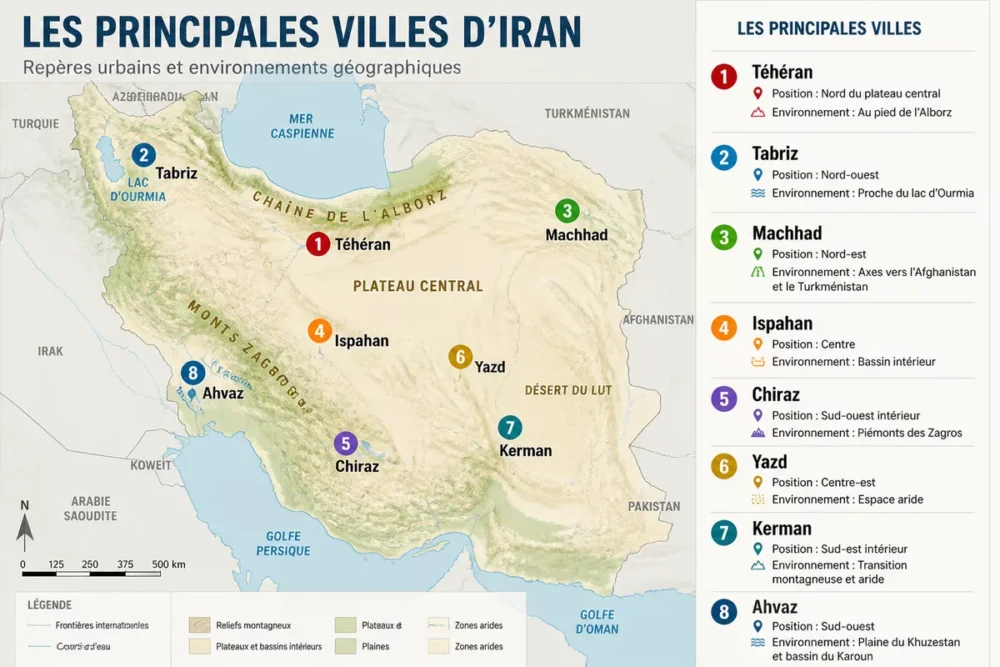 Infographie des principales villes sur une carte de l’Iran