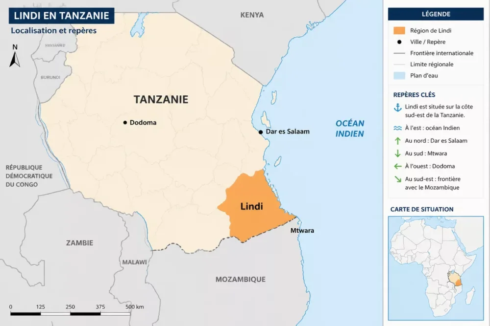 Map of Tanzania showing Lindi between Dar es Salaam, Mtwara and the Indian Ocean.