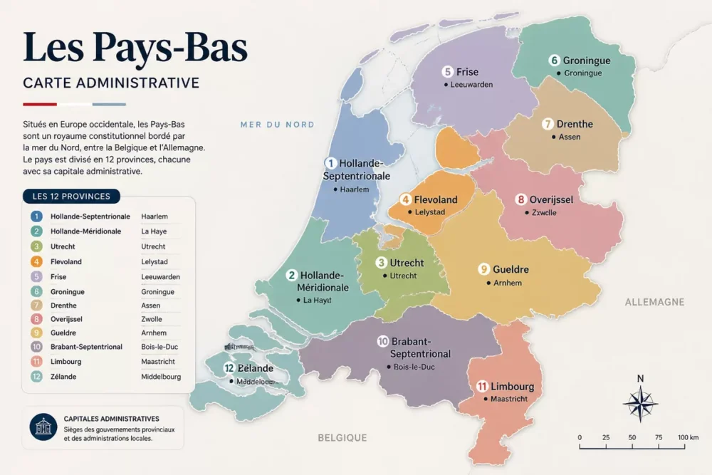 Carte administrative des Pays-Bas présentant les douze provinces néerlandaises et leurs capitales.