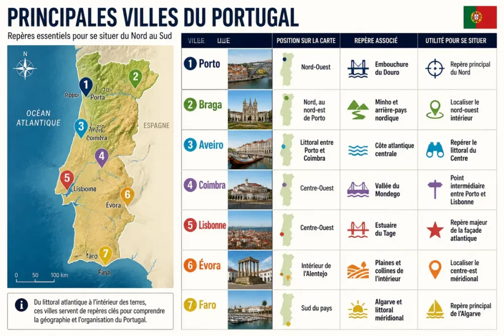 Infographie des principales villes du Portugal et de leurs repères géographiques