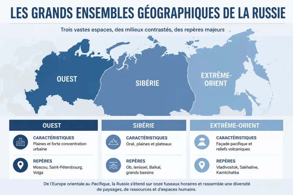 Infographie des grands ensembles géographiques de la Russie et de leurs principaux repères
