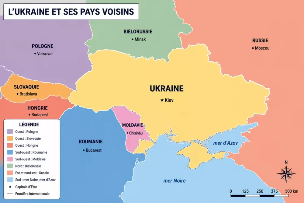 Carte générale de l’Ukraine avec ses pays voisins et ses façades maritimes