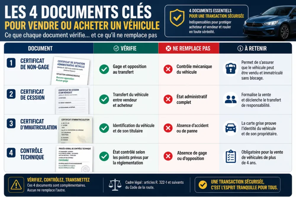 Infographie comparant les documents administratifs et ce qu’ils vérifient pour une voiture d’occasion.