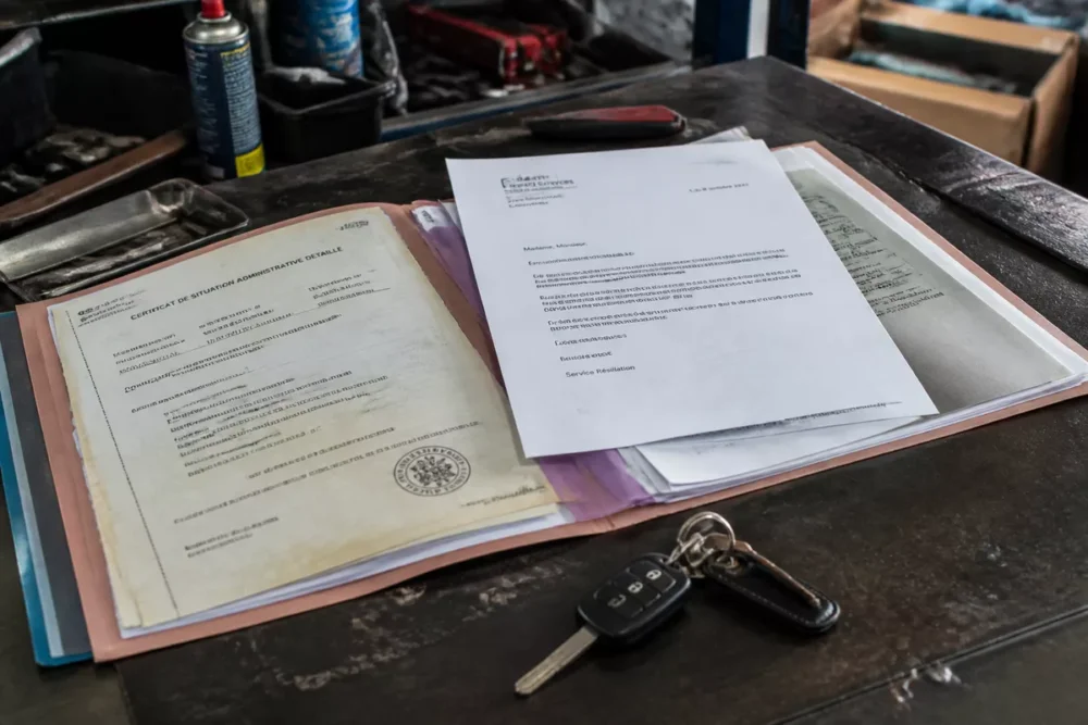 Dossier de régularisation d’un véhicule avec certificat bloqué, courrier financier et clés.