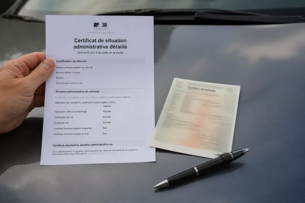 Certificat de situation administrative posé sur une voiture d’occasion avant sa vente.