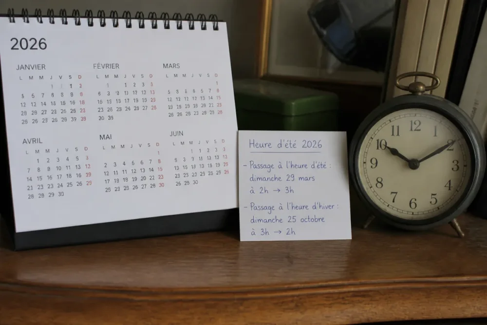 Calendrier 2026 et horloge pour le changement d'heure 2026