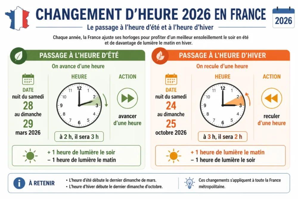 Schéma du passage à l'heure d'été et à l'heure d'hiver en français