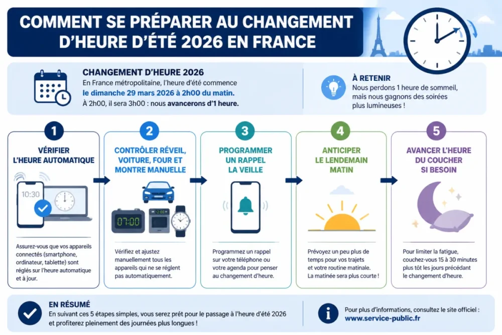Flowchart en français pour préparer le changement d'heure 2026