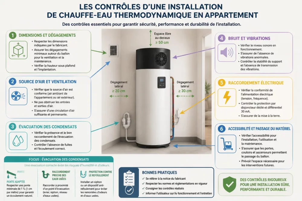 Schéma des contraintes techniques pour installer un chauffe-eau thermodynamique en appartement
