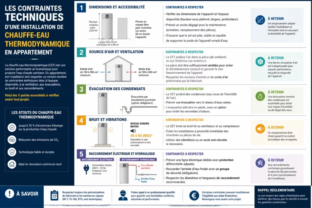 Infographie des contraintes techniques d’une installation de chauffe-eau thermodynamique en appartement