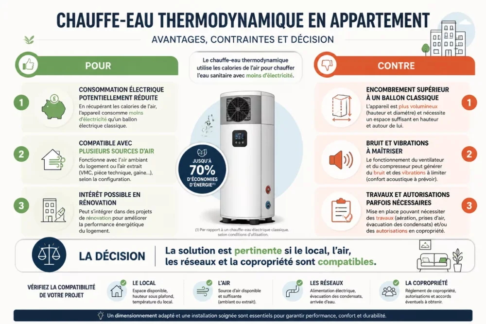 Schéma des avantages et contraintes d’un chauffe-eau thermodynamique en appartement