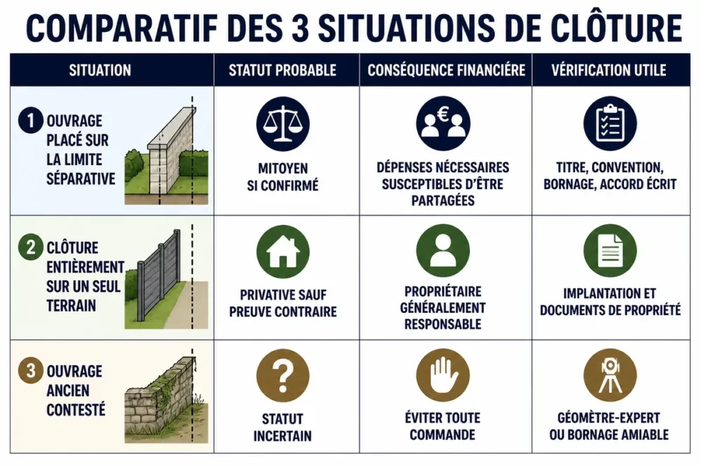 Infographie comparant le statut et les frais d’une clôture mitoyenne ou privative