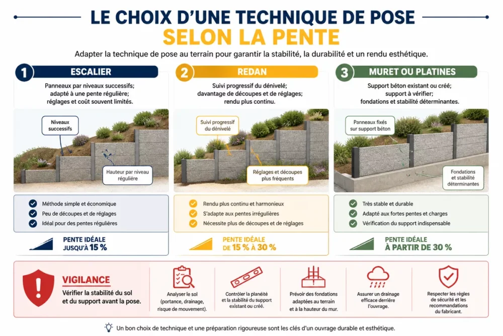 Schéma comparatif des techniques de pose d’une clôture rigide sur terrain en pente.