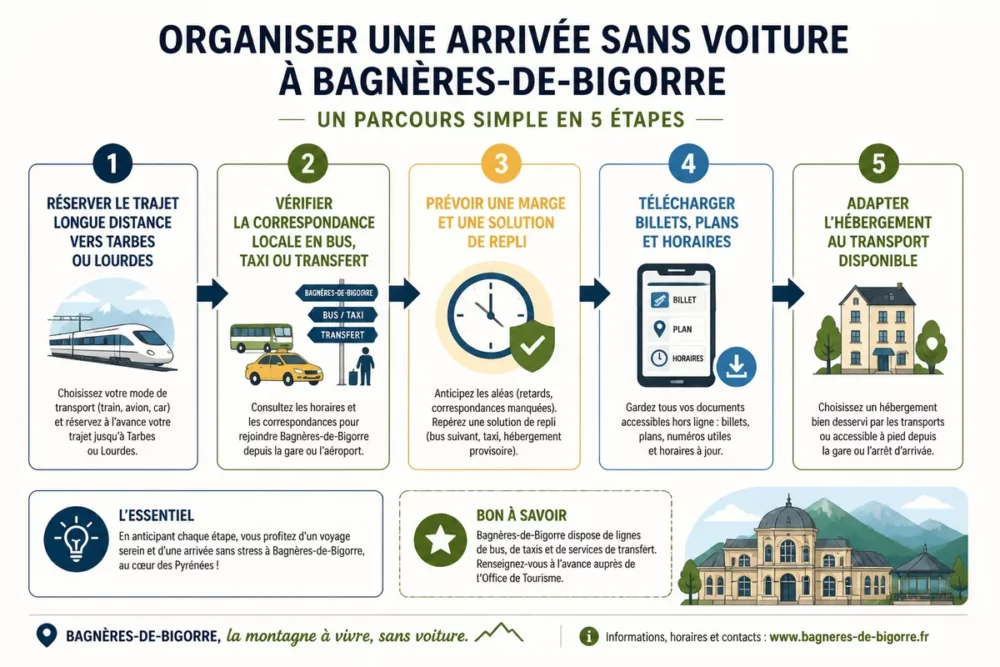 Schéma des étapes pour organiser une arrivée à Bagnères-de-Bigorre sans voiture