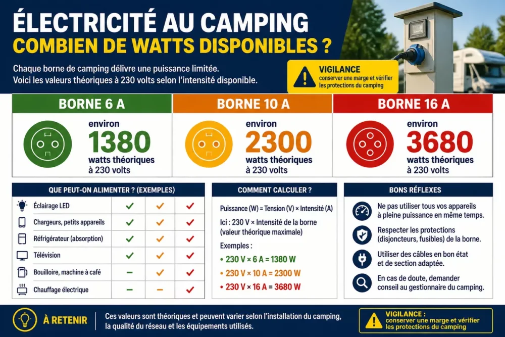 Infographie en français comparant les puissances théoriques des bornes 6, 10 et 16 ampères pour camping-car