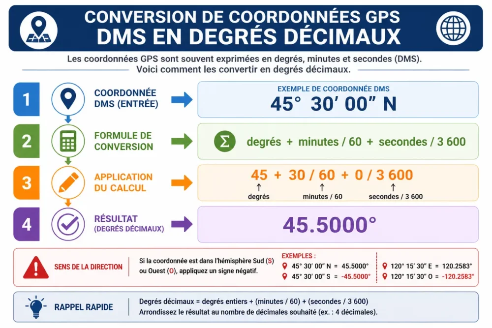 Schéma de conversion des coordonnées GPS DMS en degrés décimaux