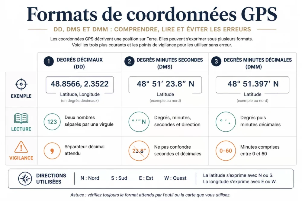 Comparatif des formats de coordonnées GPS en degrés décimaux, DMS et DMM
