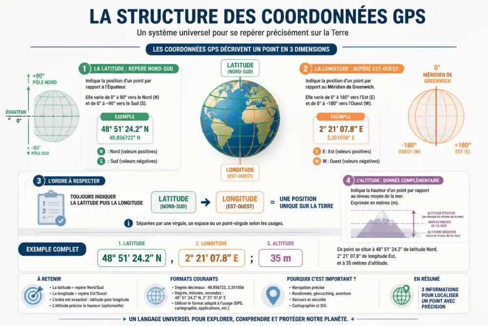 Schéma en français montrant la structure des coordonnées GPS avec latitude et longitude