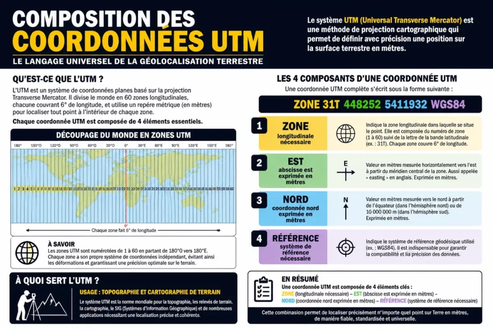 Infographie en français expliquant une coordonnée UTM avec zone, abscisse est et coordonnée nord