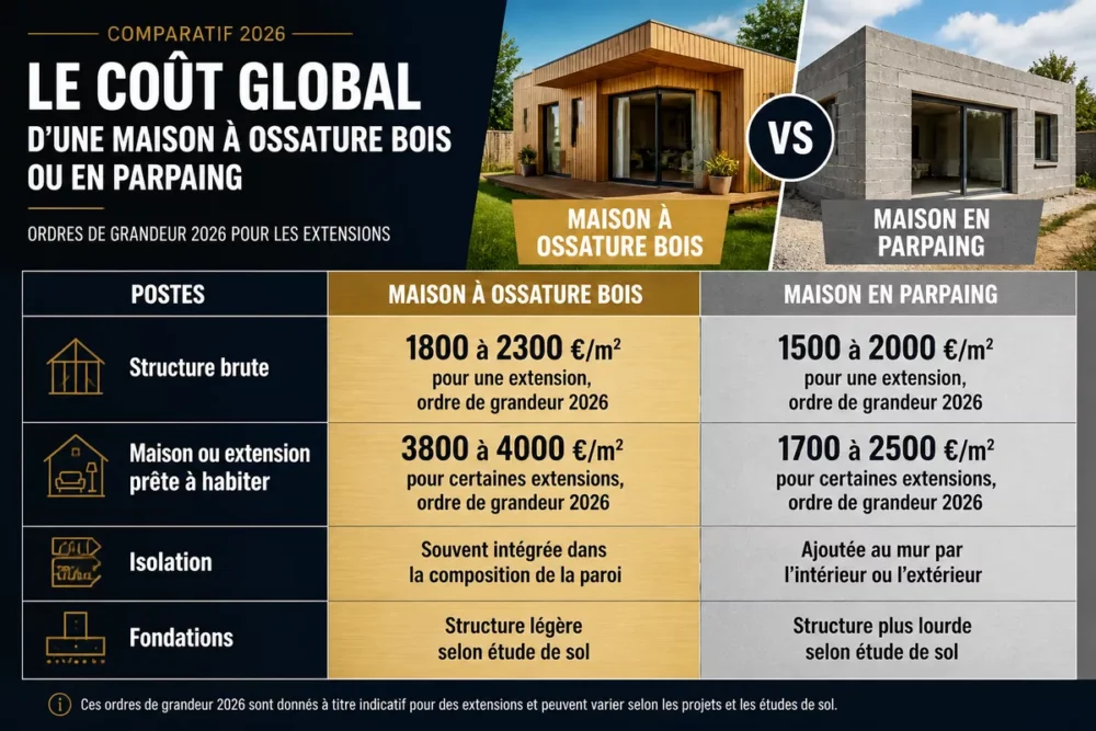 Infographie des coûts indicatifs d’une extension en ossature bois et en parpaing en 2026