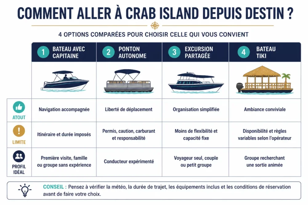 Comparatif des options de bateau pour rejoindre Crab Island depuis Destin