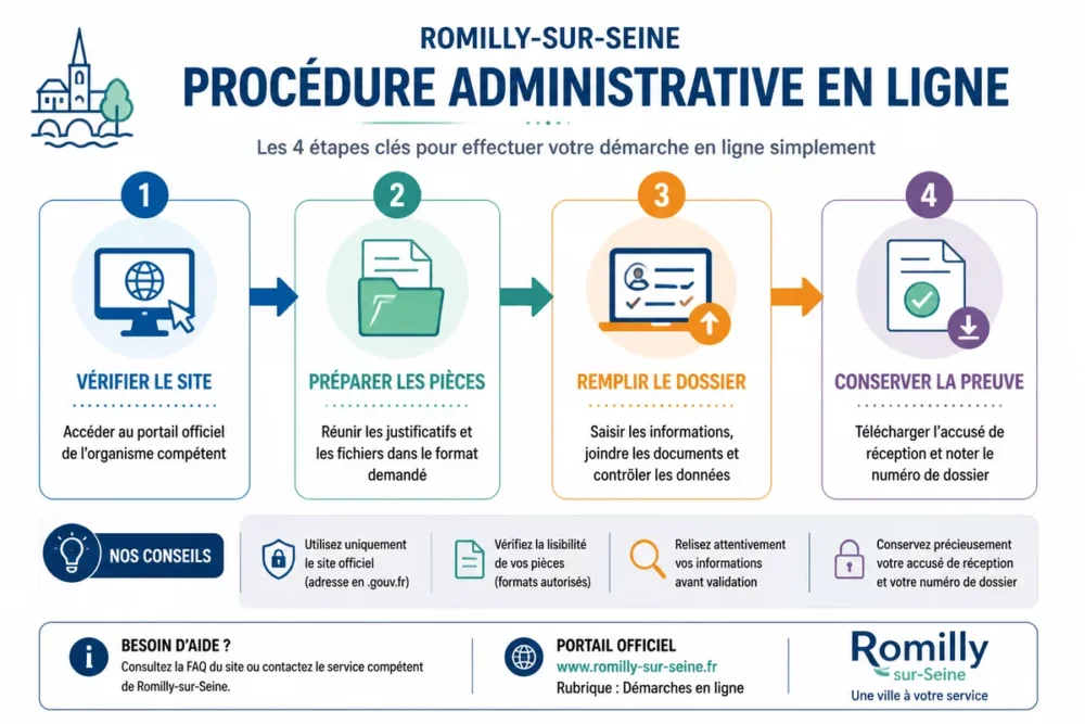 Schéma des étapes d’une démarche administrative en ligne à Romilly-sur-Seine