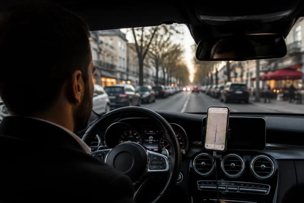 Chauffeur VTC au volant dans un contexte urbain