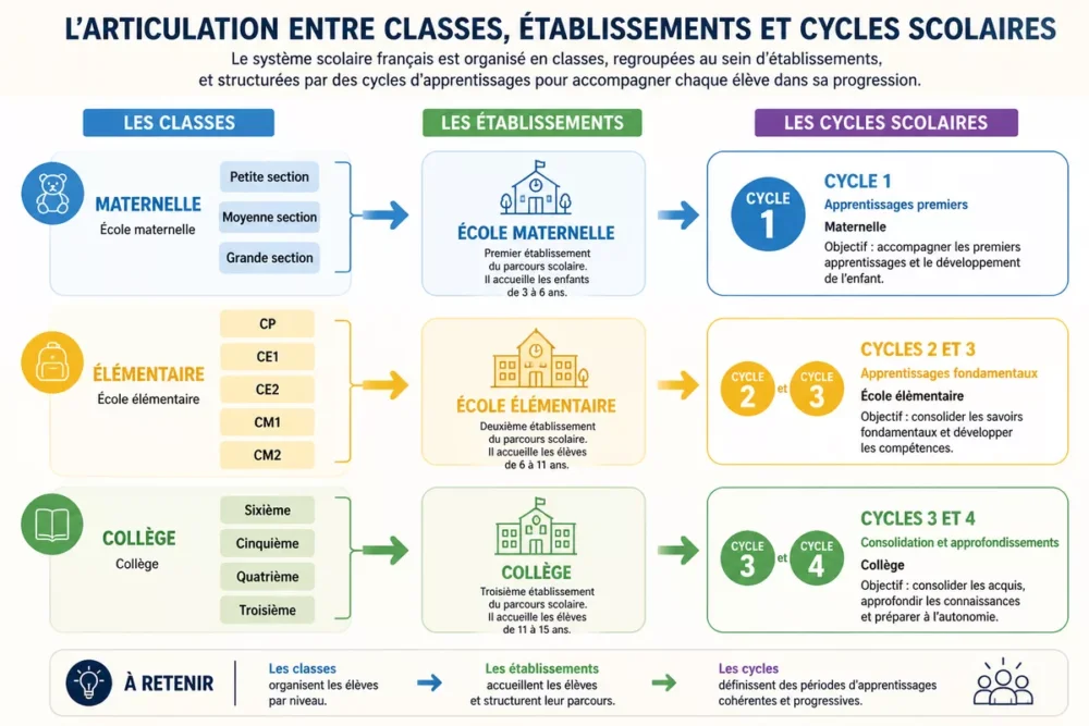 Schéma des cycles et classes entre école primaire et collège
