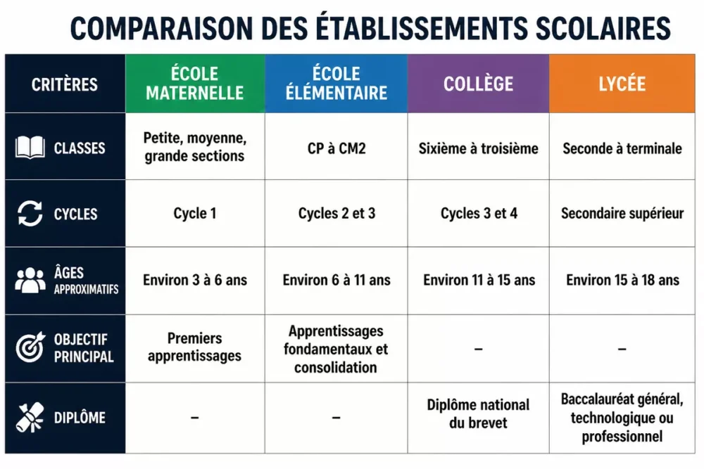 Tableau comparatif des classes cycles âges et diplômes scolaires