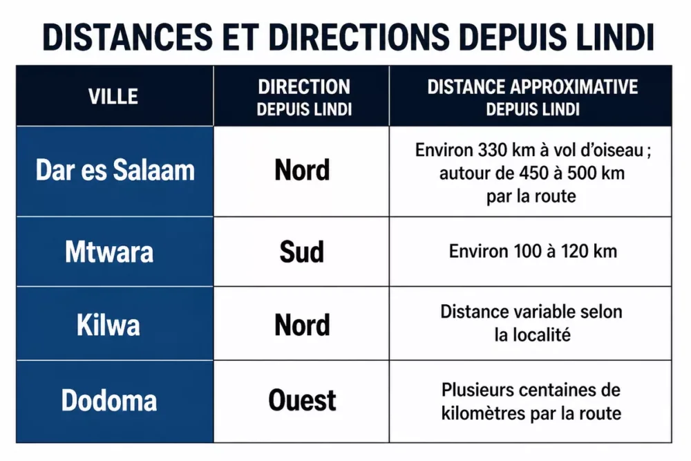 Infographic of indicative distances between Lindi and nearby towns in Tanzania.