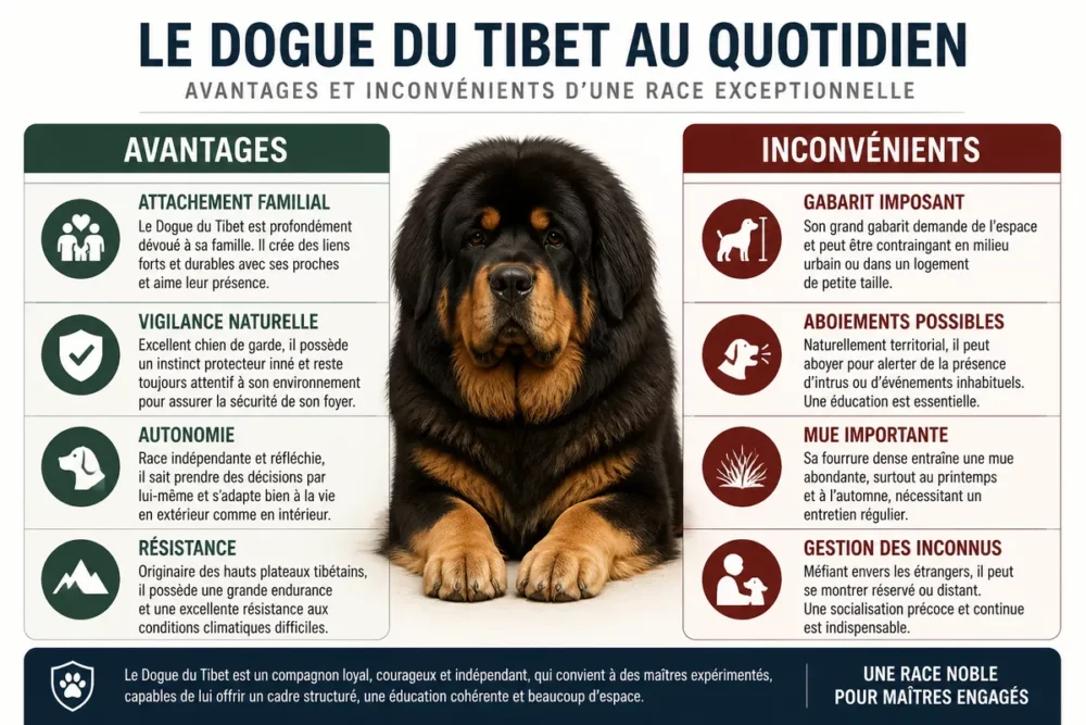 Infographic comparing the advantages and disadvantages of the Tibetan Mastiff
