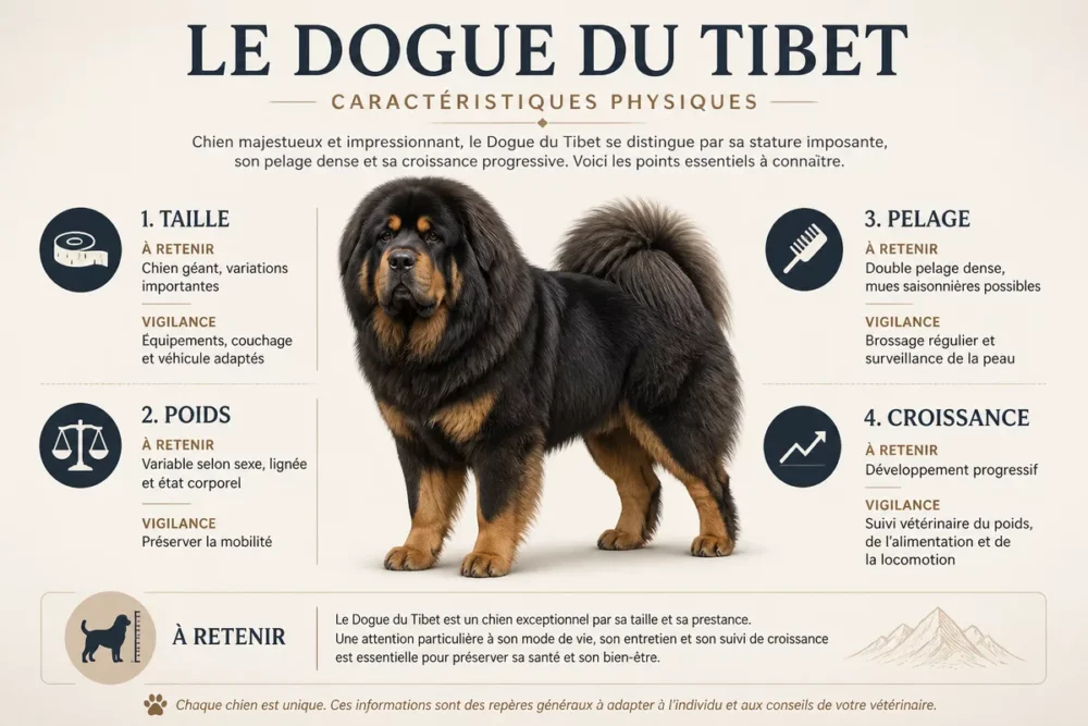 Infographic of the physical characteristics and care needs of the Tibetan Mastiff